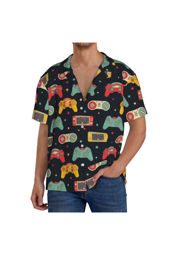 Retro Video Game Pattern Men's Short Sleeve Classic Shirt, Casual Short-Sleeved Shirt, Lightweight Summer Shirt, Cuban Collar Shirt,Button-Front Shirt-Large