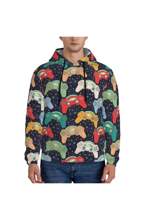 Retro Video Game Pattern Mens Hoodie, Pullover Hooded Sweatshirt, Kangaroo Pocket Hoodie Ideal for Daily Wear, Travel and Home-Large