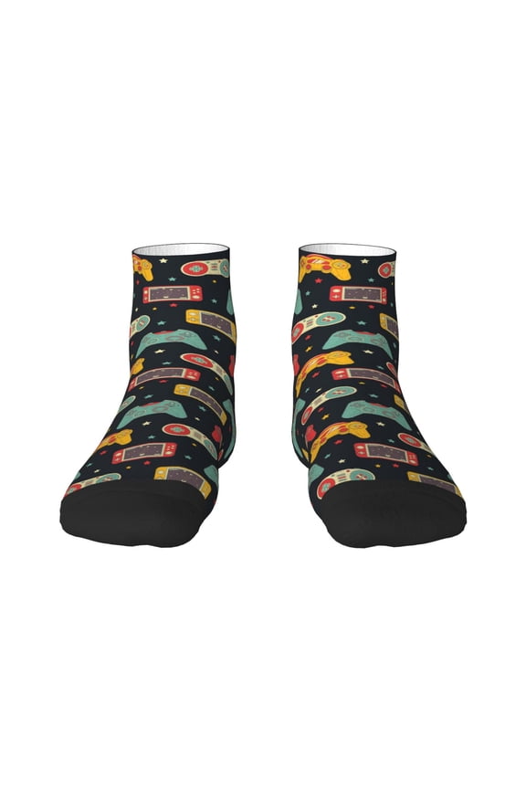 Retro Video Game Pattern Quarter Crew Socks,Toe Seamed Ankle Socks,Cotton Cushioned Breathable Athletic Crew Sports Socks