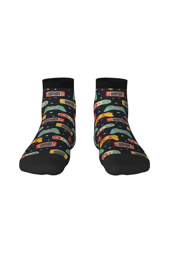 Retro Video Game Pattern Quarter Crew Socks,Toe Seamed Ankle Socks,Cotton Cushioned Breathable Athletic Crew Sports Socks