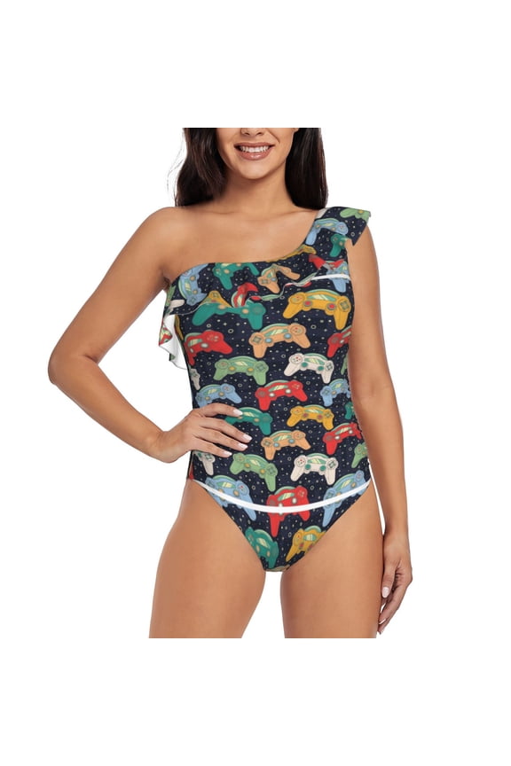 Retro Video Game Pattern Women One Piece Swimsuits Tummy Control One Shoulder Bathing Suits Ruffle Swimwear-Small