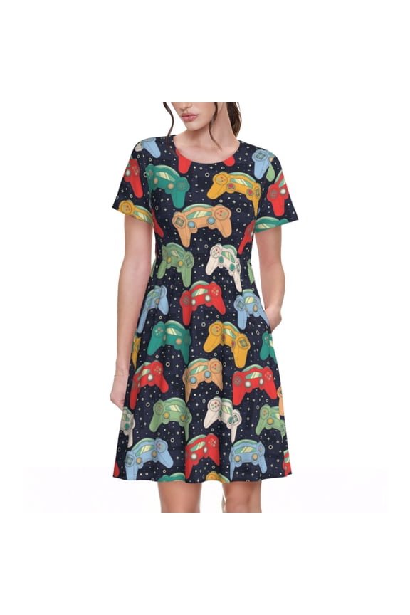 Retro Video Game Pattern Women’s Short Sleeve Dress – Casual Elegant Summer A-Line Dress for Everyday Wear