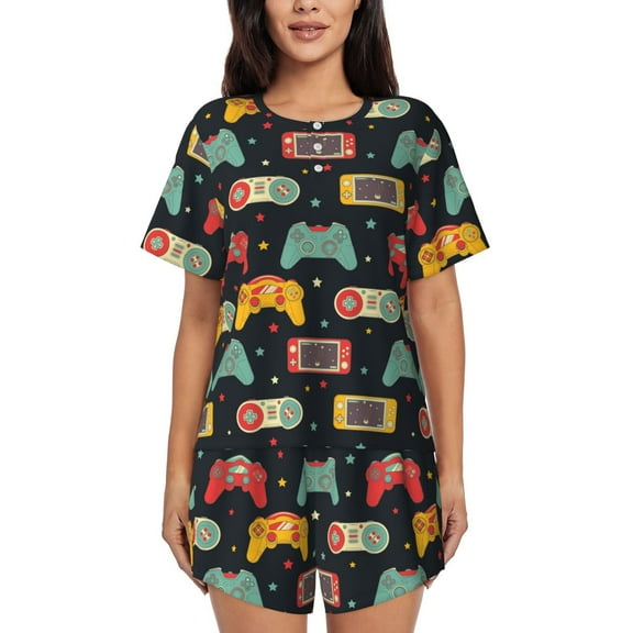 Rateoe Retro Video Game Pattern Women's Short-Sleeved Pajama Set - 2 Piece Soft and Lightweight Sleepwear Set-Small