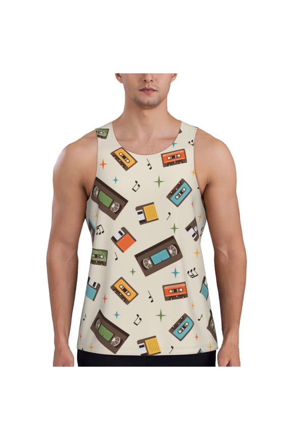 Retro Vintage Tape Pattern Sleeveless Gym Shirt Muscle Tee Breathable Workout Shirt Slim-Fit Tank Quick Dry Fit Muscle Tank Top Bodybuilding Sleeveless T Shirt-3X-Large