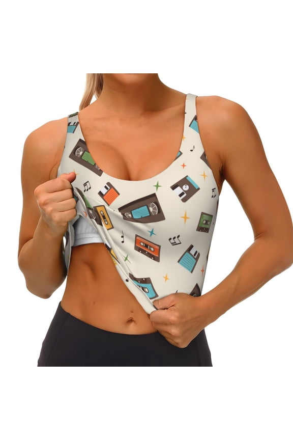 Retro Vintage Tape Print Womens' Sports Bras Scoop Neck Sports Vest- Padded U Back Seamless High Impact Support