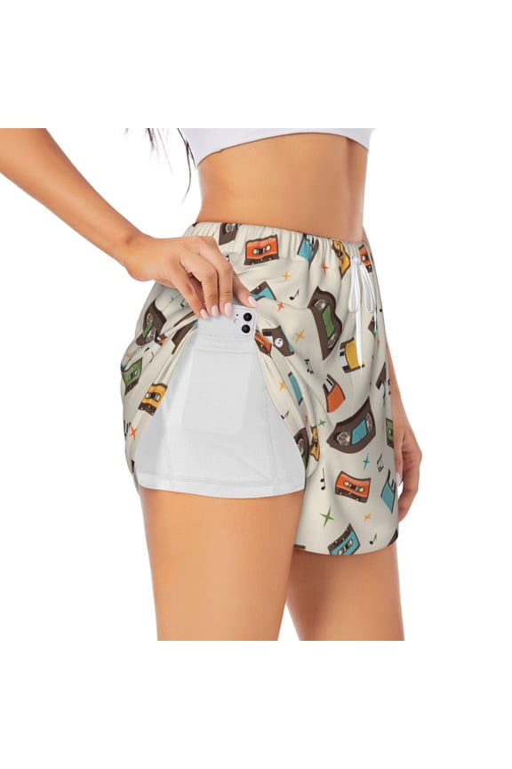 Retro Vintage Tape Printed 2 in 1 Women's Workout Shorts for Athletic Gym Running Shorts with Phone Pockets-Medium
