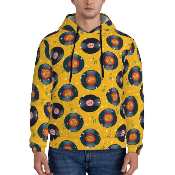 Rateoe Retro Vinyl Records Pattern Mens Hoodie, Pullover Hooded Sweatshirt, Kangaroo Pocket Hoodie Ideal for Daily Wear, Travel and Home-Medium