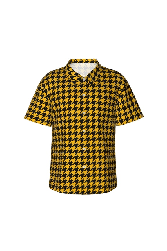 Retro Yellow and Black Houndstooth Pattern Men’s Hawaiian Shirt – Short Sleeve Button-Down Tropical Beach Shirt, Lightweight & Breathable Casual Aloha Shirt with Pocket,