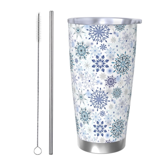 Rateoe Retro ice blue snowflakes Printed Car Guy Gifts for Men Women Tumbler - 20oz/590ml Double Wall Vacuum Insulated Stainless Steel Travel Tumbler Cups with Lid & Straw-Straw Two-piece Set