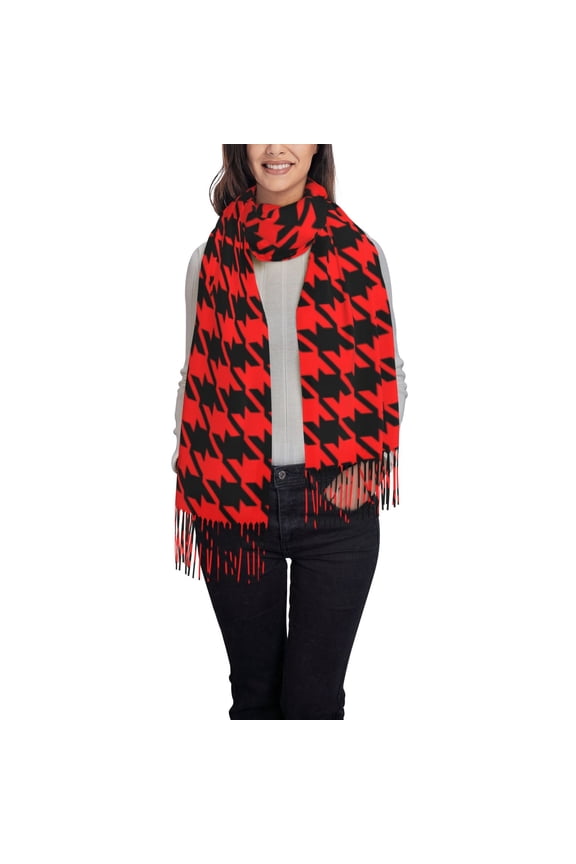 Retro red and Black Houndstooth Printed Women's Traditional Scarf Wrap Tassel Shawl Fringes Neck Head Shawl Retro Scarf