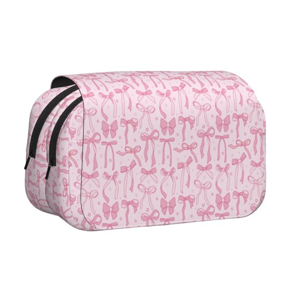 Rateoe Ribbon Bow Pattern Double Clamshell Pen Case, Storage Organizer with Two Zipper Compartments– Holds Up to 50 Pencils & Pens