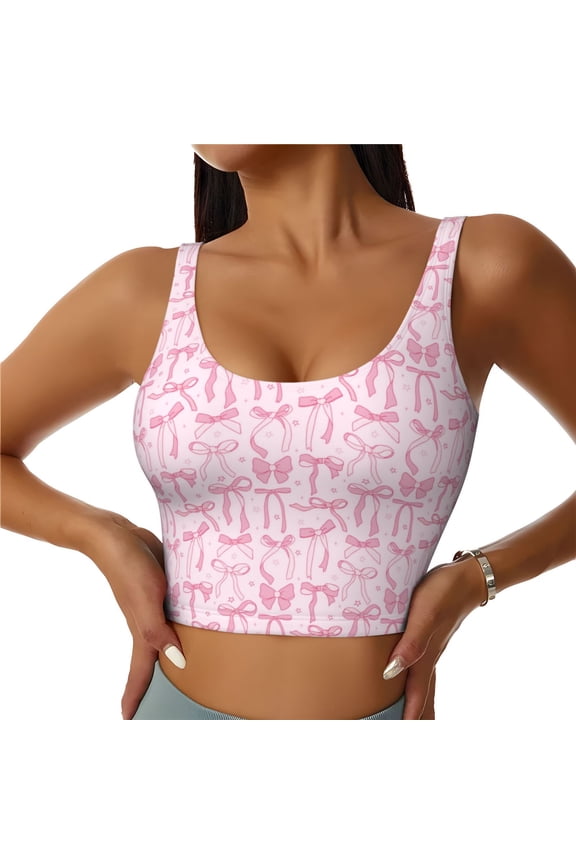 Ribbon Bow Print Womens' Sports Bras Scoop Neck Sports Vest- Padded U Back Seamless High Impact Support-Medium