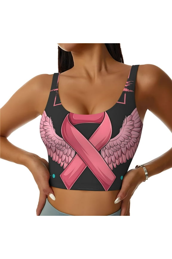 Ribbon With Angel Wings Print Womens' Sports Bras Scoop Neck Sports Vest- Padded U Back Seamless High Impact Support-Small