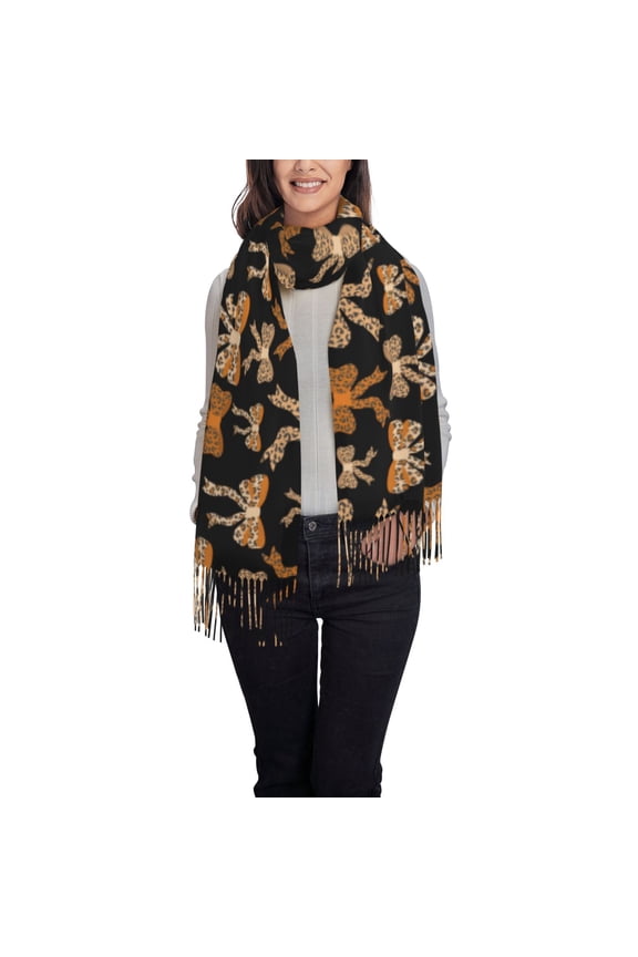 Ribbon bows with leopard Printed Women's Traditional Scarf Wrap Tassel Shawl Fringes Neck Head Shawl Retro Scarf