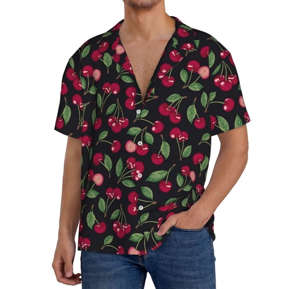 Rateoe Ripe Red Cherry Pattern Men's Short Sleeve Classic Shirt, Casual Short-Sleeved Shirt, Lightweight Summer Shirt, Cuban Collar Shirt,Button-Front Shirt-3X-Large