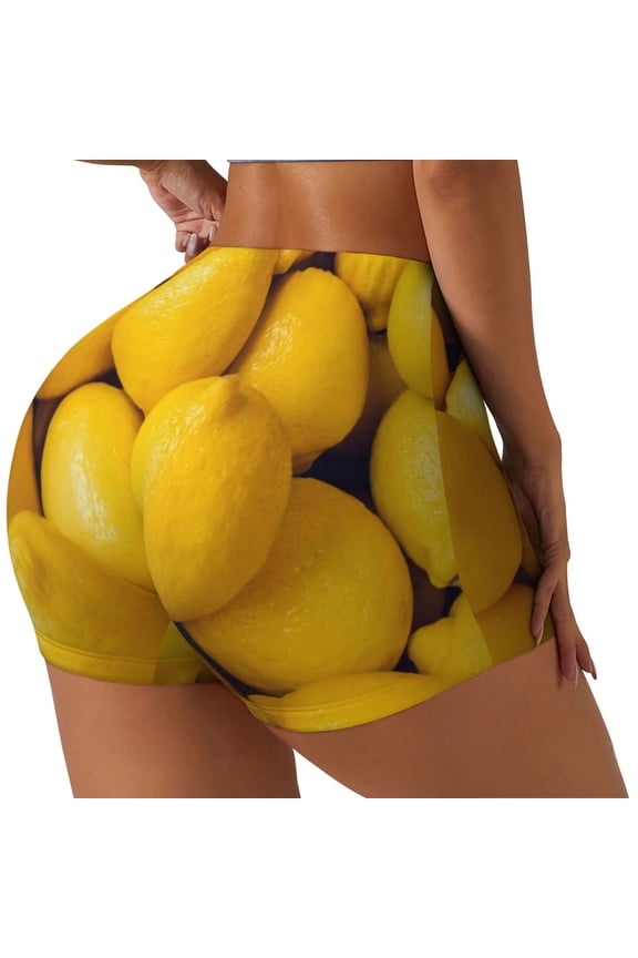Ripe Yellow Lemon Printed Power Workout Shorts for Women Tummy Control Squat Proof Ribbed Thick Seamless Scrunch Active Short-Large