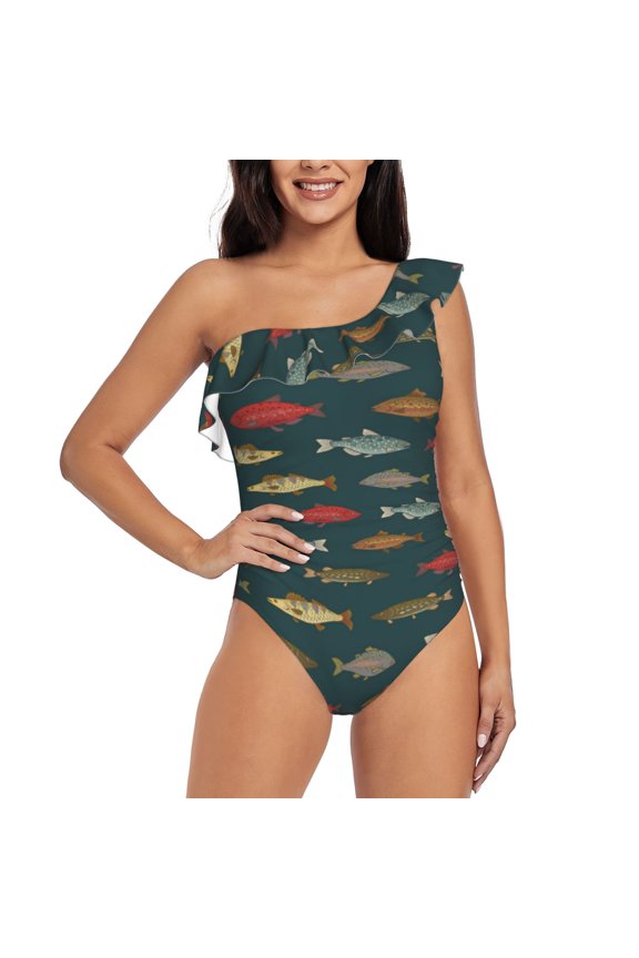 River Freshwater Fish Pattern Women One Piece Swimsuits Tummy Control One Shoulder Bathing Suits Ruffle Swimwear-