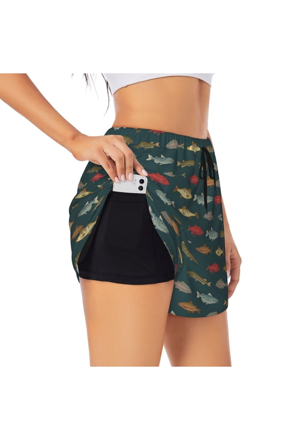 River Freshwater Fish Printed 2 in 1 Women's Workout Shorts for Athletic Gym Running Shorts with Phone Pockets-