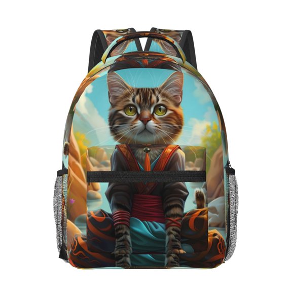 Rateoe Riverside Meditating Cat Pattern Durable Student Backpack Laptop Bag- Ergonomic Design, Waterproof Twill Fabric - Ideal for School, Travel, and Outdoor Activities