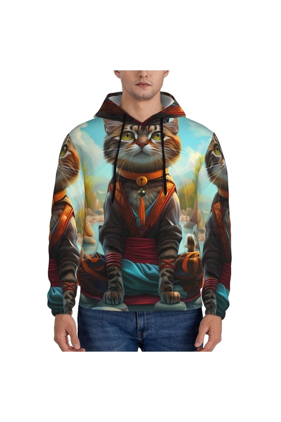 Riverside Meditating Cat Pattern Mens Hoodie, Pullover Hooded Sweatshirt, Kangaroo Pocket Hoodie Ideal for Daily Wear, Travel and Home-Small