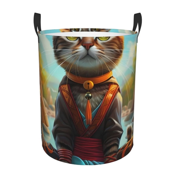 Rateoe Riverside Meditating Cat Pattern Round Laundry Hamper Basket, Tall Hamper Basket for Blanket Storage, Nursery Clothes Hamper for Laundry in Bedroom and College Dorm-Small