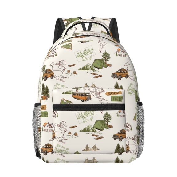 Rateoe Road Trip Pattern Durable Student Backpack Laptop Bag- Ergonomic Design, Waterproof Twill Fabric - Ideal for School, Travel, and Outdoor Activities