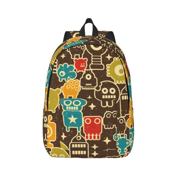 Rateoe Robot and Monsters Pattern Canvas College Laptop Backpack,Travel Daypack,Durable Rucksack Travel Notebook Bag School Backpack Book Bag for Men Women-Small