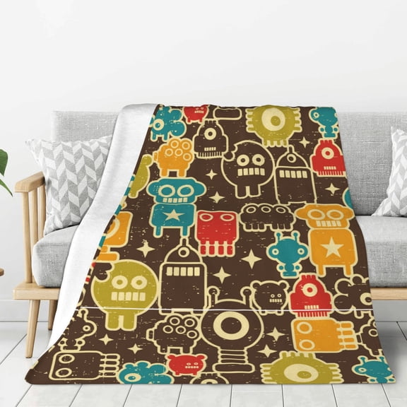 Rateoe Robot and Monsters Pattern Flannel Throw Blanket, Ultra-soft Blanket for Bed, Couch, Car, Hypoallergenic Anti-pilling blanket-40"x30"(Vertical)