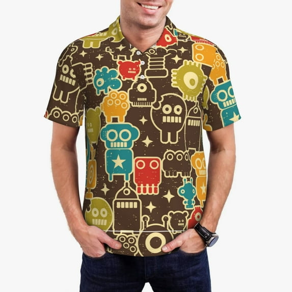 Rateoe Robot and Monsters Pattern Men's Short Sleeve Polo Shirts, Golf Polo Shirts Short Sleeve Performance Moisture Wicking Dry-XX-Large