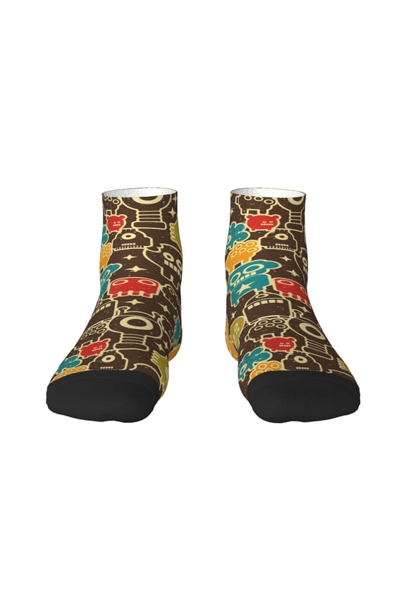 Robot and Monsters Pattern Quarter Crew Socks,Toe Seamed Ankle Socks,Cotton Cushioned Breathable Athletic Crew Sports Socks