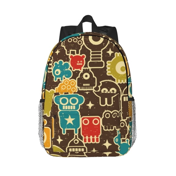 Rateoe Robot and Monsters Pattern Student Backpack Water-resistant Backpack 15-inch Laptop Backpack Lightweight Adjustable School Backpack