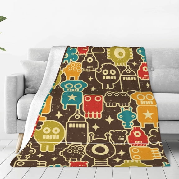 Rateoe Robot and Monsters Print Fuzzy Fleece Throw Blanket Extra Large,Super Soft,Fluffy and Warm Blankets for Couch,Bed,All Season Use (40"x30")