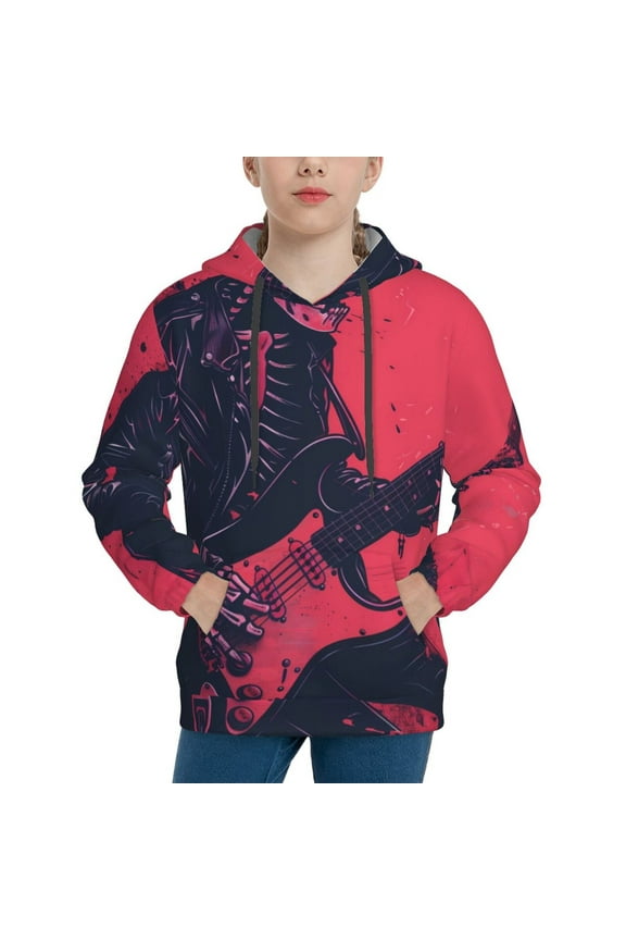 Rock Skull Guitarist Pattern Boys Hoodie, Youth Pullover Hooded Sweatshirt, Kangaroo Pocket Hoodie for Kids-Medium