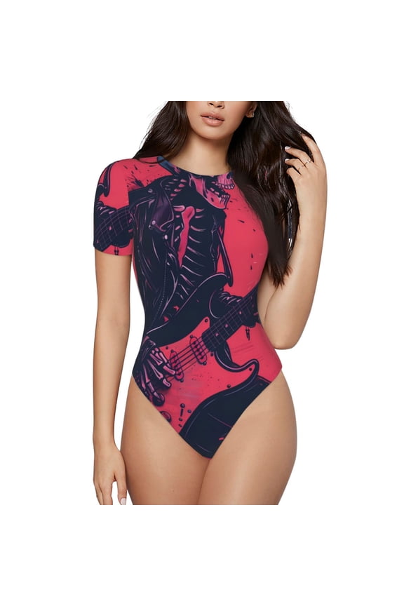 Rock Skull Guitarist Printed Women Rash Guard Short Sleeve,Tummy control Swimsuit Surfing Swimsuit Bathing Suit Short-sleeved Onesie UPF 50+ -Large
