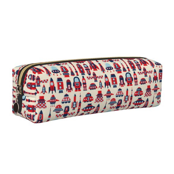 Rateoe Rocket Pattern Print Leather Pencil Case with Smooth Zipper, Compact Storage for Writing Tools & Art Supplies, 8.26" x 1.96" x 2.16"