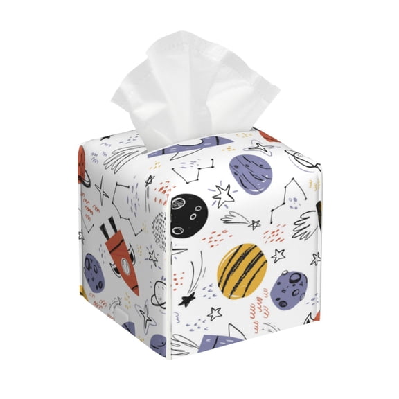Rateoe Rocket Planets Pattern Tissue Box Cover, Modern Square Decorative Leather Facial Paper Case Organizer Holder Dispenser 5X5X5''