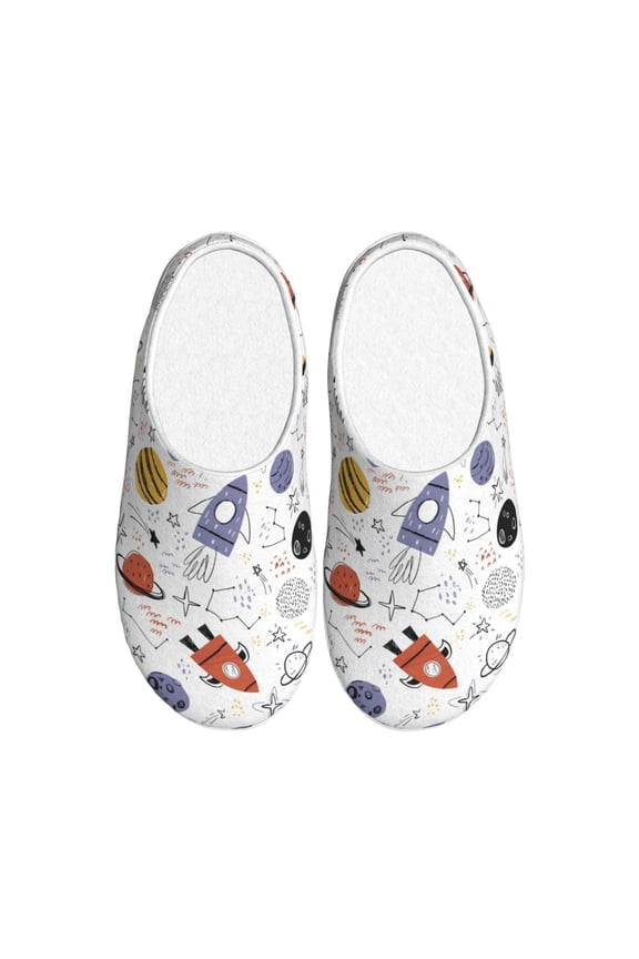 Rocket Planets Print Women's Men's Cotton Knit Slippers Lightweight Memory Foam Indoor House Shoes with Anti-Skid Sole-37/38