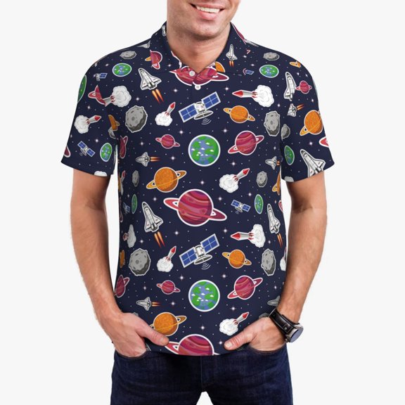 Rateoe Rocket Satellite Pattern Men's Short Sleeve Polo Shirts, Golf Polo Shirts Short Sleeve Performance Moisture Wicking Dry-Small