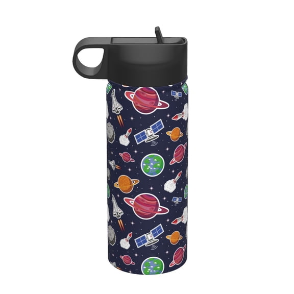 Rateoe Rocket Satellite Printed 18oz Sports Insulated Water Bottle, Double-Walled Stainless Steel Kettle with Leak-Proof Straw Lid, Portable & BPA-Free for Outdoor, Gym, Camping, and Travel