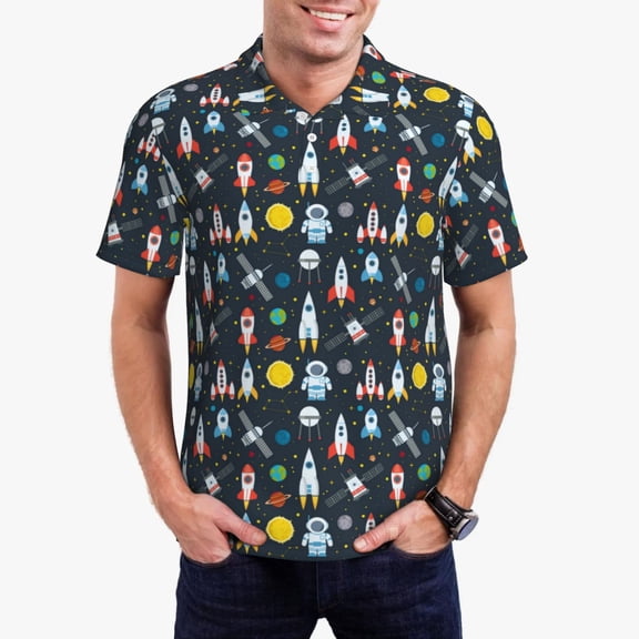 Rateoe Rocket Space Pattern Men's Short Sleeve Polo Shirts, Golf Polo Shirts Short Sleeve Performance Moisture Wicking Dry-Small