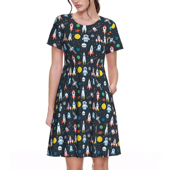 Rateoe Rocket Space Pattern Women’s Short Sleeve Dress – Casual Elegant Summer A-Line Dress for Everyday Wear