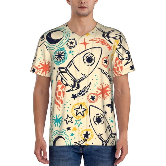 Rateoe Rockets Pattern Men’s Baseball Short Sleeve Polo Shirt, Midweight Men's Shirt Golf Shirt Polo Shirts Quick Dry Short-3X-Large