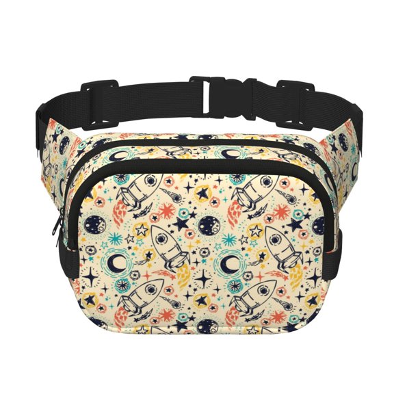Rateoe Rockets Print Fanny Pack Belt Bag for Women and Men, Square Double-Layer Waterproof Waist Pack with Adjustable Strap for Hiking, Jogging, Cycling