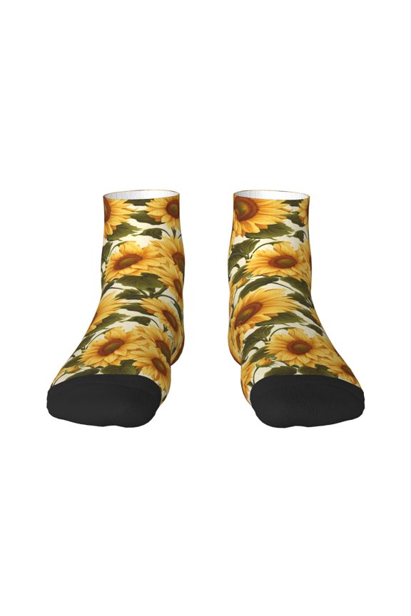 Romantic Elegant Sunflower Pattern Quarter Crew Socks,Toe Seamed Ankle Socks,Cotton Cushioned Breathable Athletic Crew Sports Socks