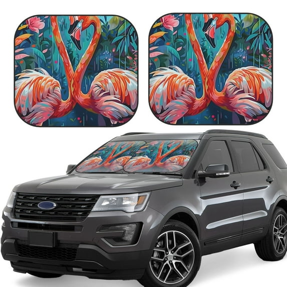 Rateoe Romantic Flamingo Pair Pattern 2 Piece Car Windshield Sun Shade Foldable | Front Windshield Shade for Sun, Heat and UV Rays | Sunshade for Car Front Window-Medium