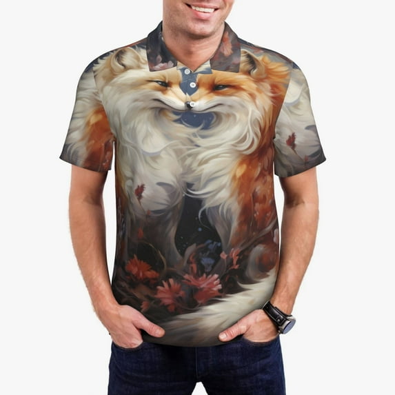 Rateoe Romantic Flower Fox Couple Pattern Men's Short Sleeve Polo Shirts, Golf Polo Shirts Short Sleeve Performance Moisture Wicking Dry-Small