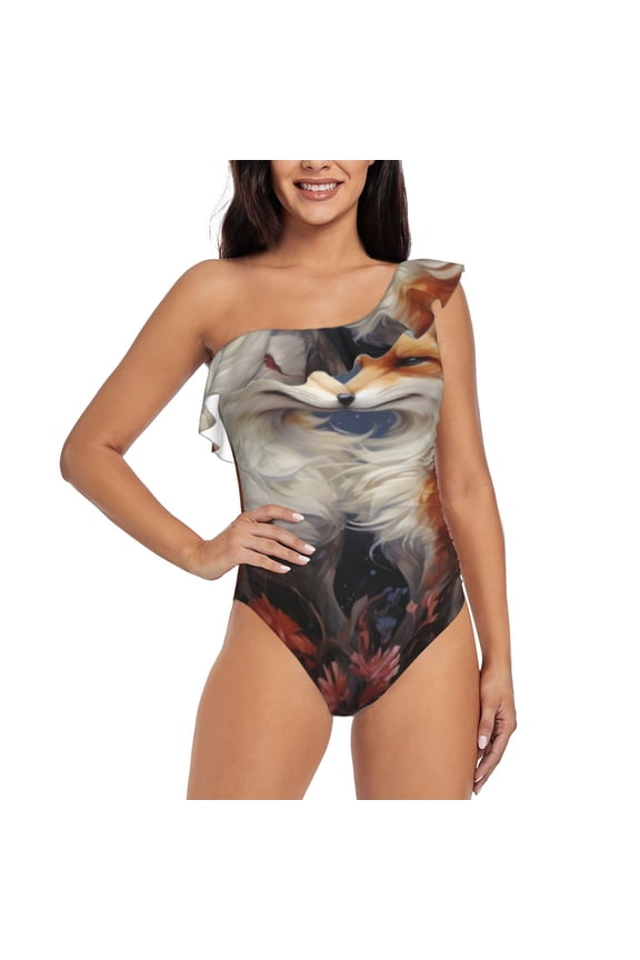 Romantic Flower Fox Couple Pattern Women One Piece Swimsuits Tummy Control One Shoulder Bathing Suits Ruffle Swimwear-Large