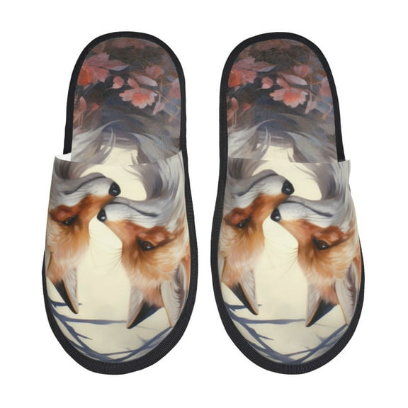 Rateoe Romantic Flower Fox Pattern Fuzzy Slippers Fuzzy Soft House Slippers Plush Furry Warm Cozy Open Toe Fluffy Home Shoes-Medium