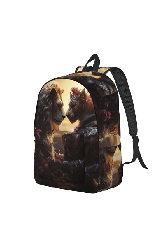 Romantic Flower Lion Couple Pattern Durable Canvas Backpack for Men & Women – Stylish & Lightweight – Adjustable Straps, Multiple Pockets – Fits 15-17 Inch LaptopsSmall