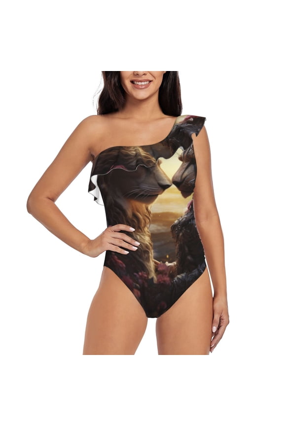 Romantic Flower Lion Couple Pattern Women One Piece Swimsuits Tummy Control One Shoulder Bathing Suits Ruffle Swimwear-Medium